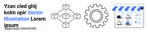 Blockchain network symbol, gear cog, and online store interface with product display. Ideal for blockchain, technology, e-commerce, online shopping, digital transformation, web development