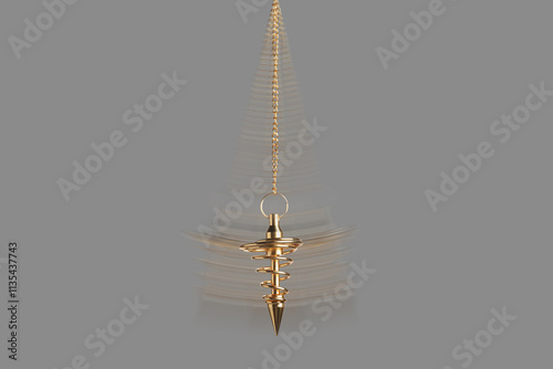 Hypnosis session. Golden pendulum swinging on grey background, motion blur effect photo