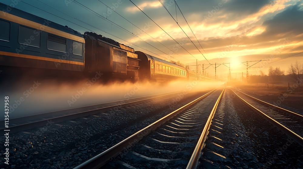 Naklejka premium Vintage Train Moving Through Misty Sunrise. Concept of Travel, Journey, and Nostalgia.