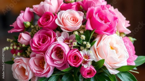 Fresh bunch of pink peonies and roses beautifully arranged with blank space for text, copy space, peonies