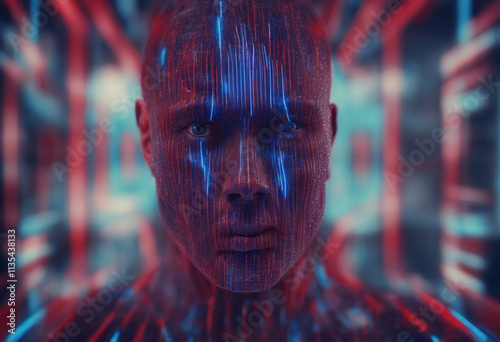 Deepfake A digital face with red and blue lines representing artificial intelligence and deepfake te