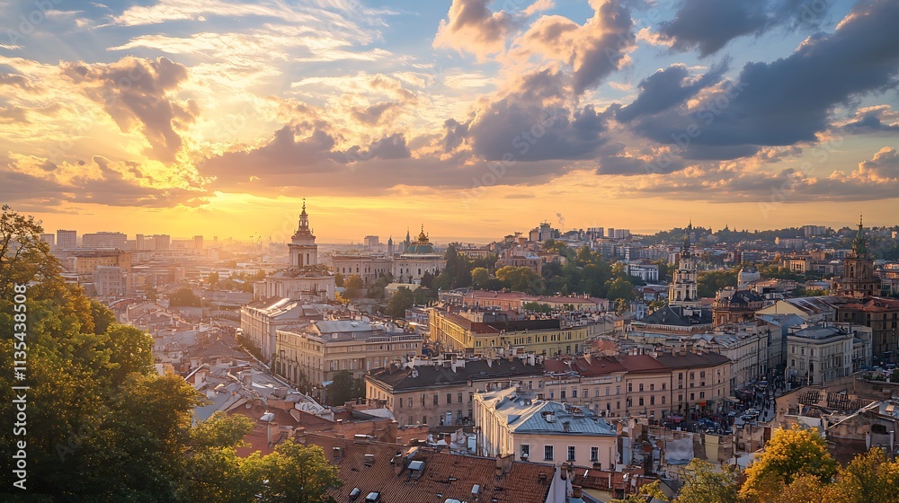 Naklejka premium Panoramic Sunset View of Vilnius, Lithuania. Cityscape at Golden Hour.