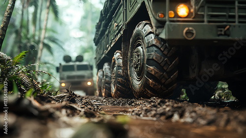 military convoy navigating through dense jungle terrain, showcasing rugged vehicles and muddy tracks
