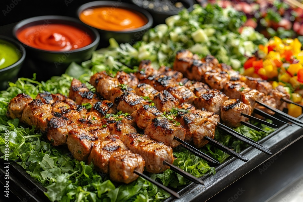 Grilled pork skewers served on fresh green salad with various sauces Grilled pork skewers served on fresh green salad with various sauces