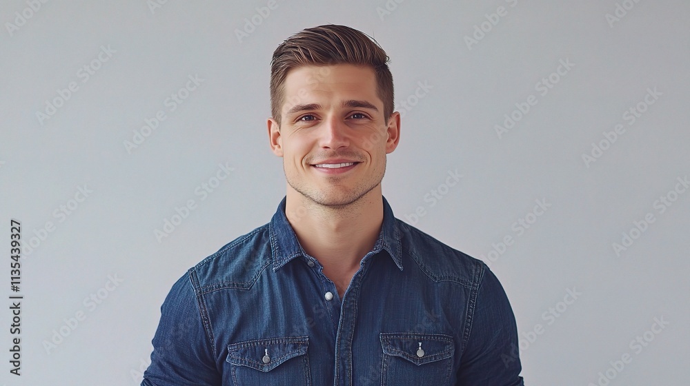 Obraz premium Young Smiling Man in Denim Shirt Standing with Confidence