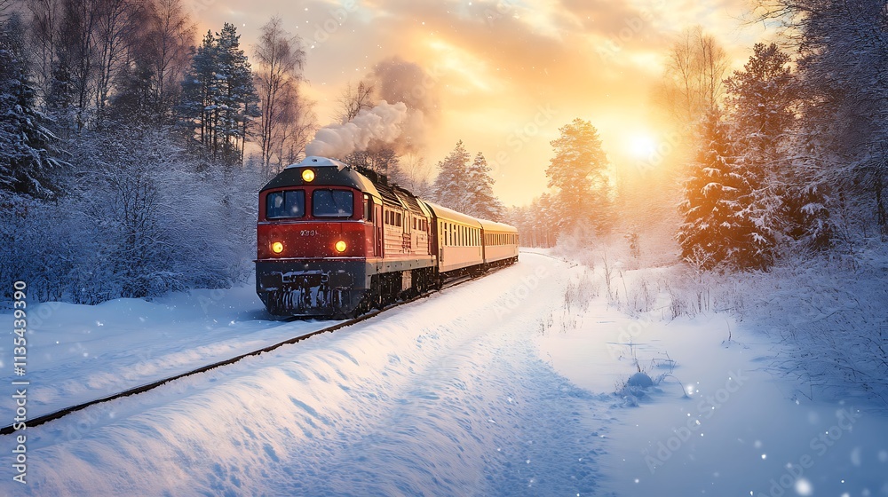 Winter Train Journey Through Snowy Forest. Scenic Train Ride in Snowy Landscape. Winter Train Journey Through Snowy Forest. Scenic Train Ride in Snowy Landscape.