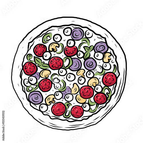 pizza banner, vector illustration, cheese, onion, blue onion, tomato, basil, mushrooms, line art style