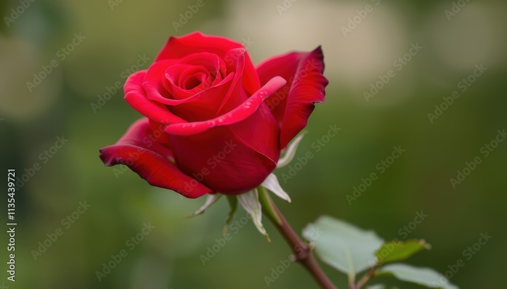 Crimson Elegance A Vibrant Rose Unfurls Amidst a Soft Green Embrace Crimson Elegance A Vibrant Rose Unfurls Amidst a Soft Green Embrace