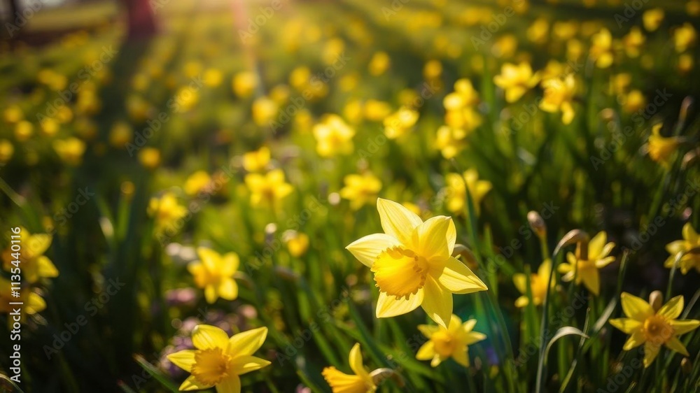 Vibrant daffodil flowers blooming in a sunlit field during spring season, yellow, sunlit, petals Vibrant daffodil flowers blooming in a sunlit field during spring season, yellow, sunlit, petals