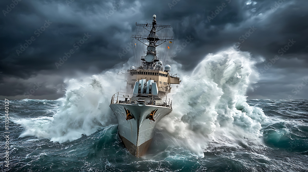 Obraz premium dramatic image of battleship navigating through stormy sea, showcasing powerful waves and dark clouds