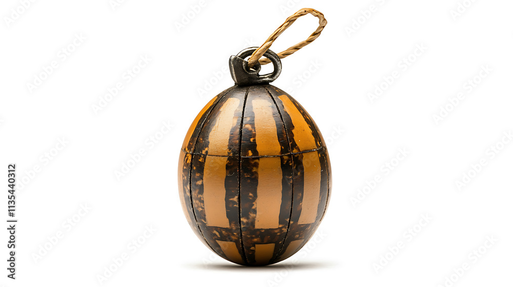 macro shot of toy grenade model, featuring striped orange and black design, isolated on white background, evokes curiosity and playfulness