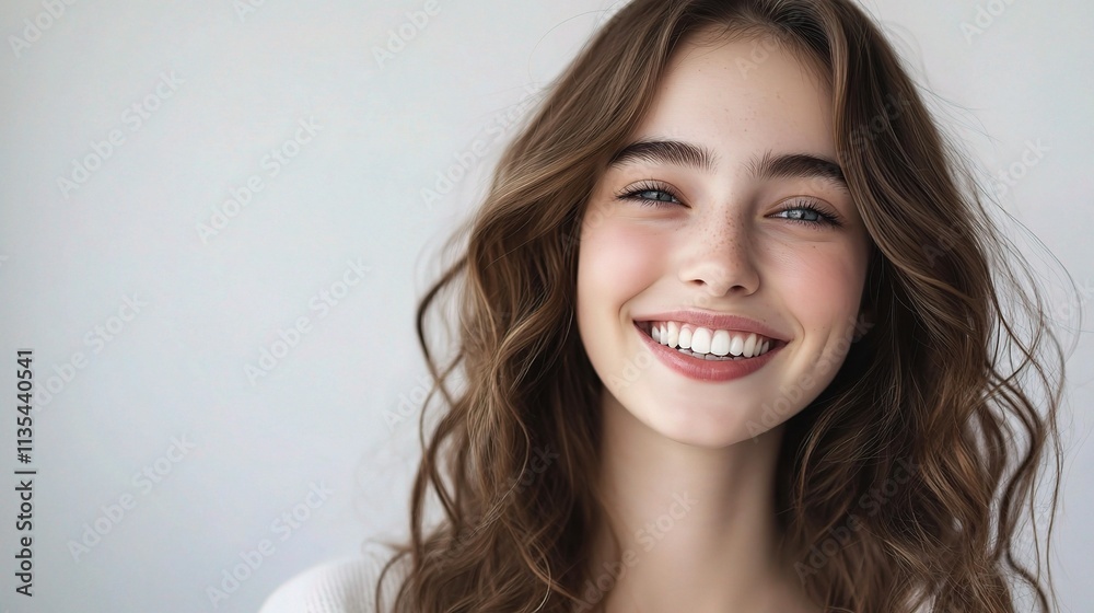 Young Beautiful Woman Smiling in Close-Up Shot on Light Background Young Beautiful Woman Smiling in Close-Up Shot on Light Background