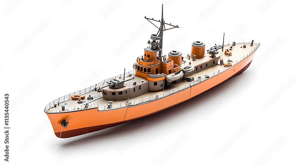 Fototapeta premium detailed model of toy battleship in orange color, showcasing intricate design and craftsmanship. Perfect for collectors and enthusiasts