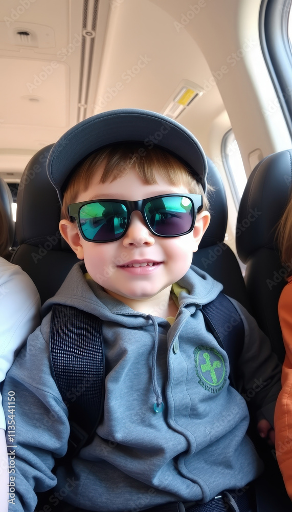 Flying High in Style A joyful child dons sunglasses and a cap while sitting in an airplane seat, radiating infectious happiness and adventure.