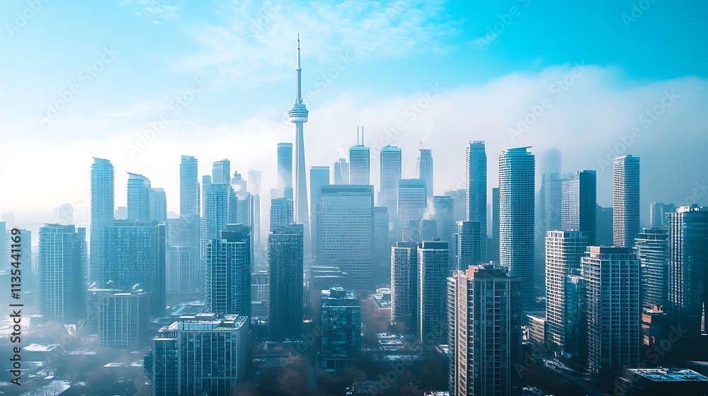 Obraz premium Toronto Skyline on a Misty Morning. Urban Cityscape, Modern Architecture.