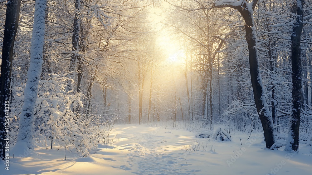 Winter forest path, sunbeams through snow covered trees. Concept of winter wonderland, serenity, and nature. Winter forest path, sunbeams through snow covered trees. Concept of winter wonderland, serenity, and nature.
