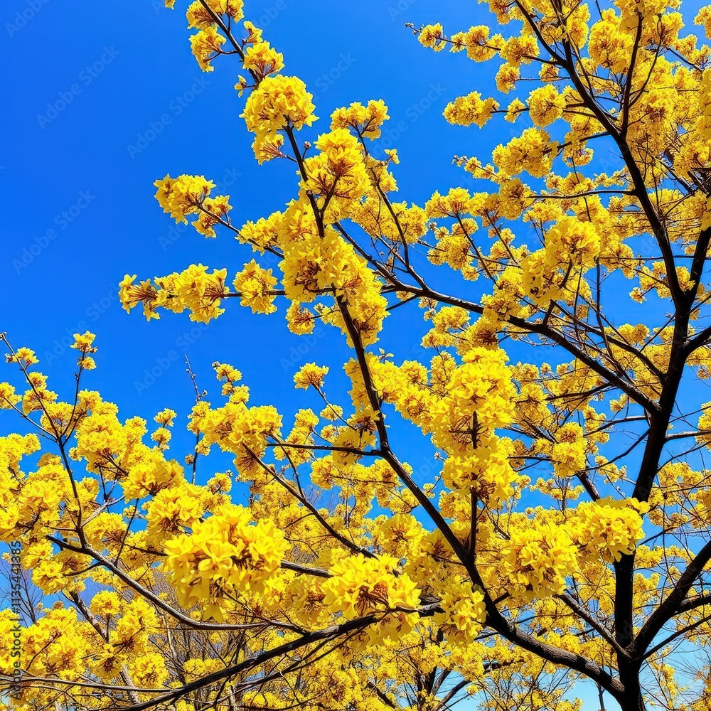 Golden Blossoms Beneath the Sky A Vibrant Display of Natures Cheer with Lush Yellow Flowers and Brilliant Blue Backdrop. Golden Blossoms Beneath the Sky A Vibrant Display of Natures Cheer with Lush Yellow Flowers and Brilliant Blue Backdrop.