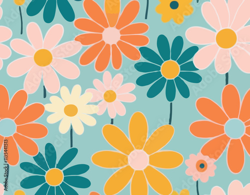 Wallpaper Mural Hippy groovy daisy flowers set. Retro vintage  style, hand drawn decorative elements. 60s, 70s, icon flower, pastel colors, kids cute decor. Flat cartoon illustration. Torontodigital.ca