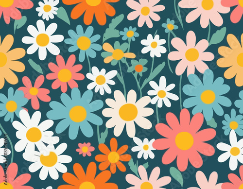 Hippy groovy daisy flowers set. Retro vintage style, hand drawn decorative elements. 60s, 70s, icon flower, pastel colors, kids cute decor. Flat cartoon illustration.