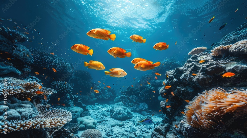 Fototapeta premium Underwater scene featuring vibrant orange fish swimming among coral reefs.