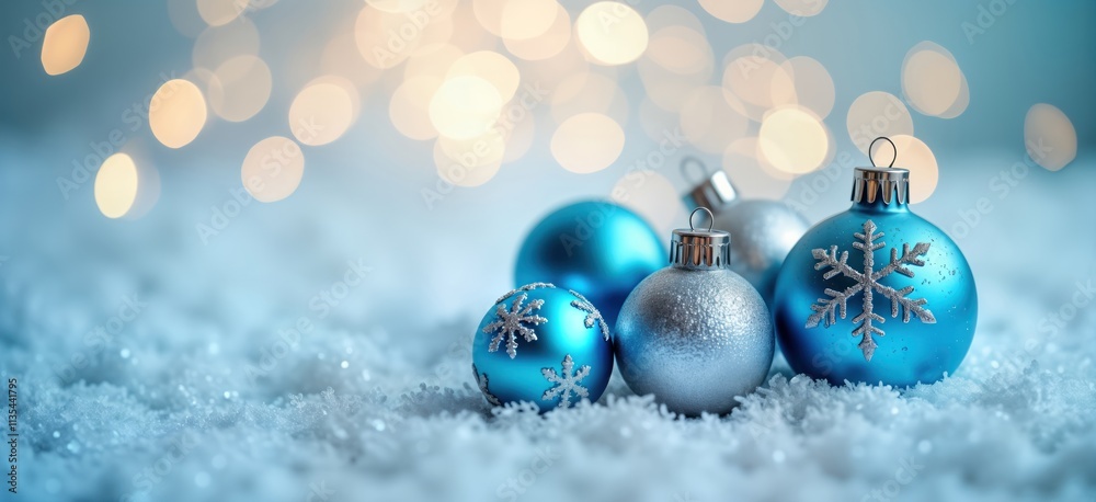 Festive blue, silver Christmas ornaments sit on bed of snow. Soft light, blurred background creates warm, serene winter scene. Ornaments show snowflake designs. Holiday decor ready for winter Festive blue, silver Christmas ornaments sit on bed of snow. Soft light, blurred background creates warm, serene winter scene. Ornaments show snowflake designs. Holiday decor ready for winter