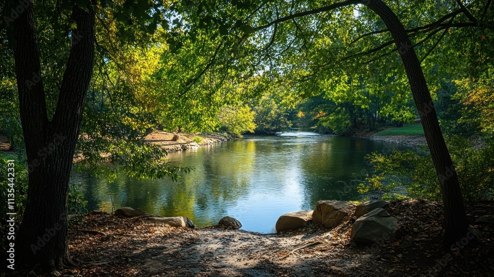 Obraz premium Serene Riverbank Escape: A Picturesque Autumn Scene