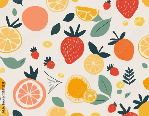 Collection of abstract fruit poster. Contemporary art print with hand drawn strawberry, lemon, peach and orange. Trendy design for wall decor, postcard, cover, packaging, t shirt.