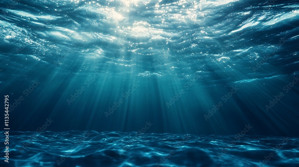 Sunlight beams through the ocean water. Concept of underwater world, marine life, and nature. Sunlight beams through the ocean water. Concept of underwater world, marine life, and nature.