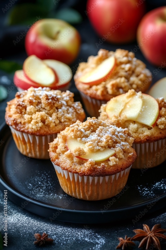 Delicious apple crumble muffins with powdered sugar and fresh apples Delicious apple crumble muffins with powdered sugar and fresh apples