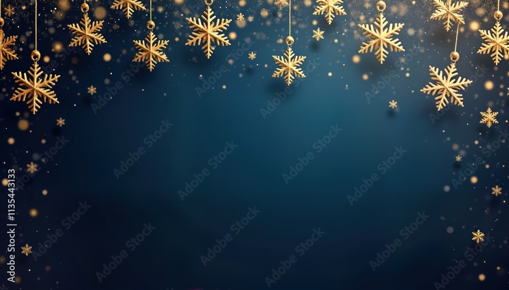 Dark blue backdrop with falling gold snowflakes. Elegant festive holiday design. Ideal for christmas cards templates, banners, social media graphics. Winter season decor. Visual evokes sense of Dark blue backdrop with falling gold snowflakes. Elegant festive holiday design. Ideal for christmas cards templates, banners, social media graphics. Winter season decor. Visual evokes sense of
