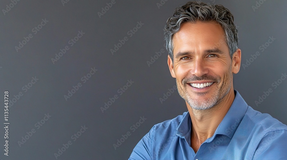 Obraz premium Handsome Smiling Businessman in Blue Shirt Against Neutral Background