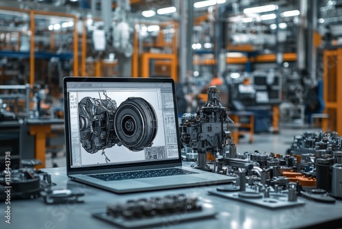 Showcasing automotive engineering laptop with engine design amidst modern factory activities