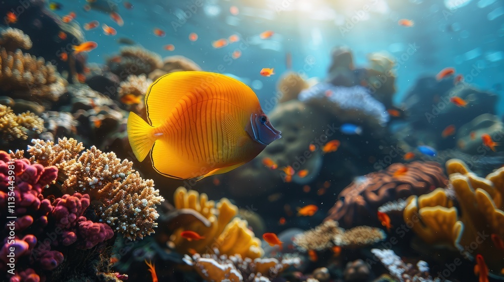 Naklejka premium Vibrant underwater scene with a yellow fish swimming among colorful coral reefs.