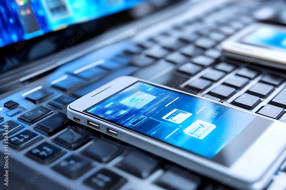 Modern Technology, Mobile Devices, and Computing. Concept of digital communication and connectivity. Modern Technology, Mobile Devices, and Computing. Concept of digital communication and connectivity.
