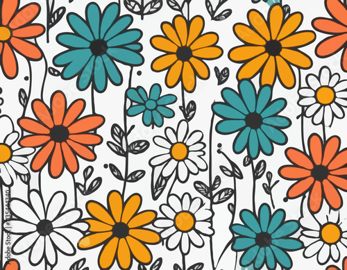 Groovy daisy flowers set. Flat black icons. Simple flower silhouette. Retro vintage style, hand drawn decorative elements.