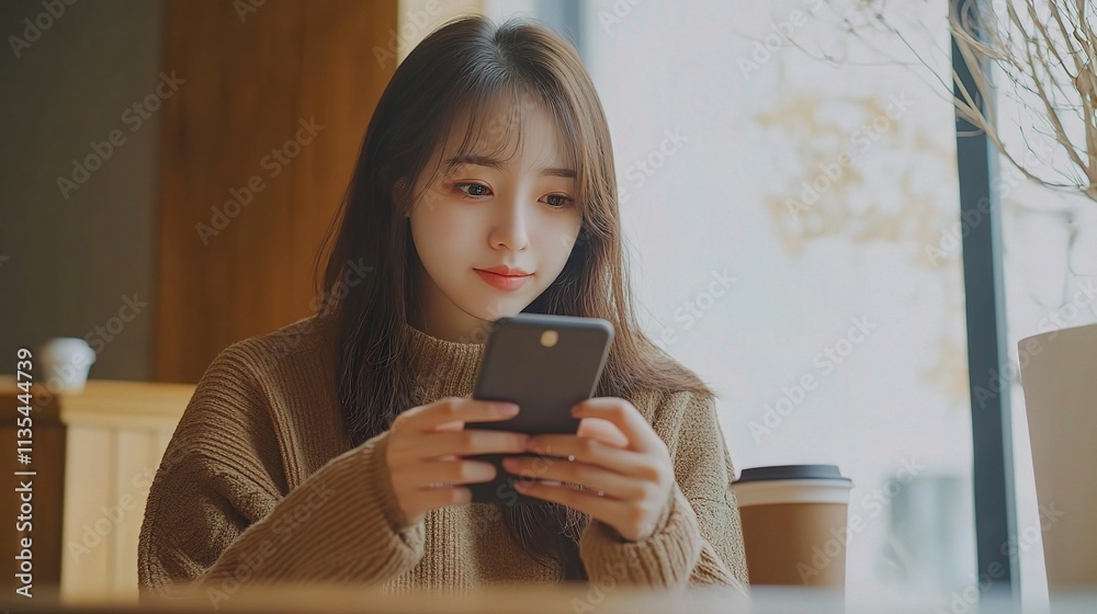 Young Woman Engaged in Online Shopping with Smartphone at Cafe Young Woman Engaged in Online Shopping with Smartphone at Cafe
