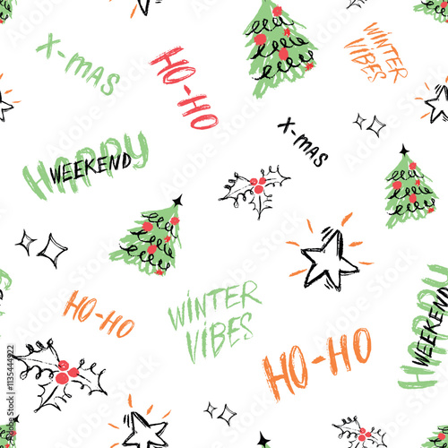 Urban typography street art style Christmas seamless pattern. Graffiti print winter vibes, ho-ho, fir tree illustration, star, sketch heart, berries brunch. New year wrapping paper. X mas ornament