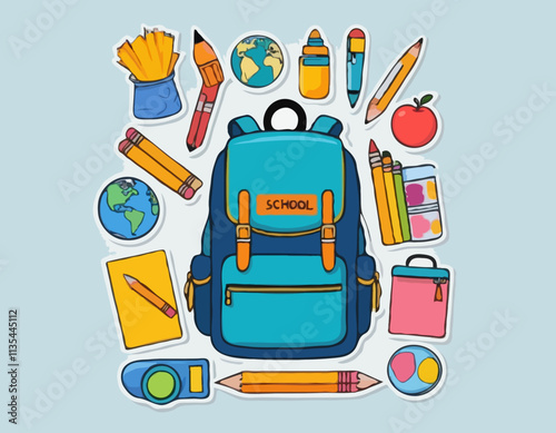 Big set of school supplies and education stickers. Back to school. Backpack, books, globe, pencil box, paints, ruler, pen, pencil. Suitable for prints, cards, paper crafts, scrapbooking.