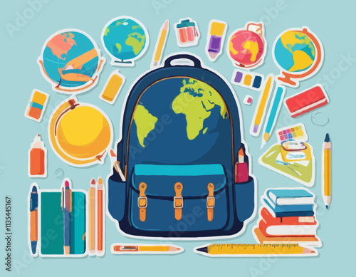 Big set of school supplies and education stickers. Back to school. Backpack, books, globe, pencil box, paints, ruler, pen, pencil. Suitable for prints, cards, paper crafts, scrapbooking.