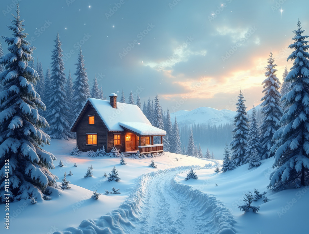 Serene Winter Wonderland with Snow-Covered Path Leading to Cozy Cabin Serene Winter Wonderland with Snow-Covered Path Leading to Cozy Cabin