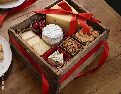 Charming wooden gift box filled with assorted cheeses, nuts, and cookies, elegantly tied with a red ribbon. photo