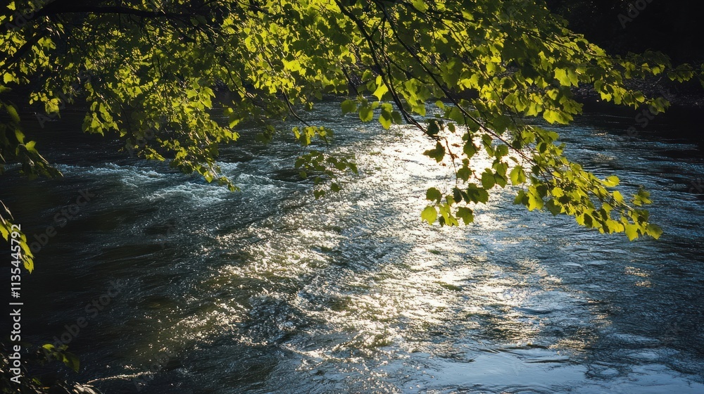 Sunlight Dapples River's Flow Through Verdant Canopy Sunlight Dapples River's Flow Through Verdant Canopy