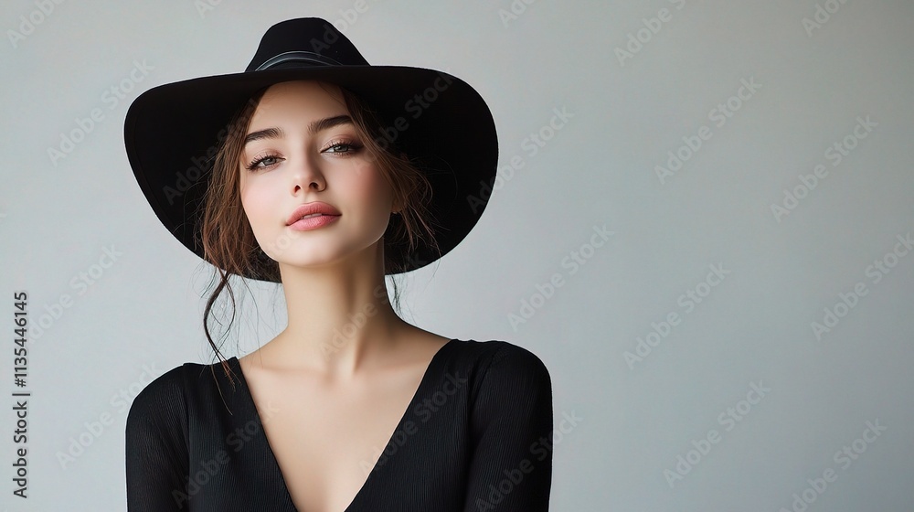 Stylish Female Model Smiling in Black Apparel with Elegant Hat Stylish Female Model Smiling in Black Apparel with Elegant Hat