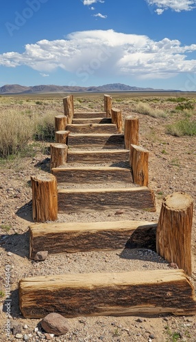 Wooden posts create a scenic pathway with stairs through a desert landscape for exploration photo