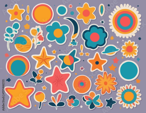 Set of abstract retro shapes. Vector sticker pack. Collection of modern forms, funny flower, bubble, star, loop in trendy 70s, 90s groovy cartoon style.