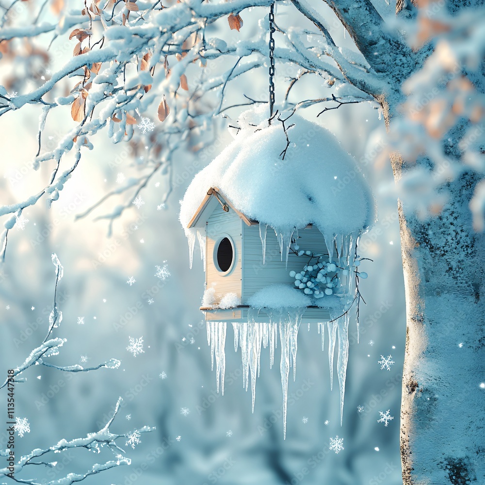 Naklejka premium Winter background with birdhouse 
