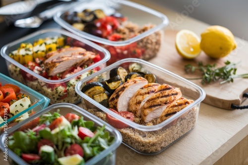 Meal prep containers filled with healthy food options, ready for storage and consumption. photo