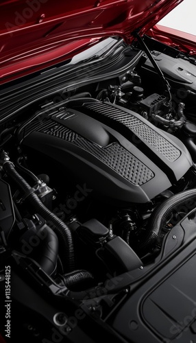 Close up of f utility hybrid car s engine bay featuring high performance v 6 engine design photo