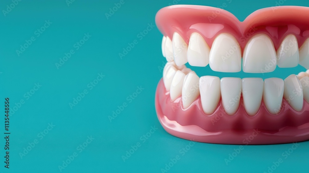 Obraz premium Bright white teeth shine against a vibrant blue backdrop, emphasizing the importance of oral hygiene and dental health.
