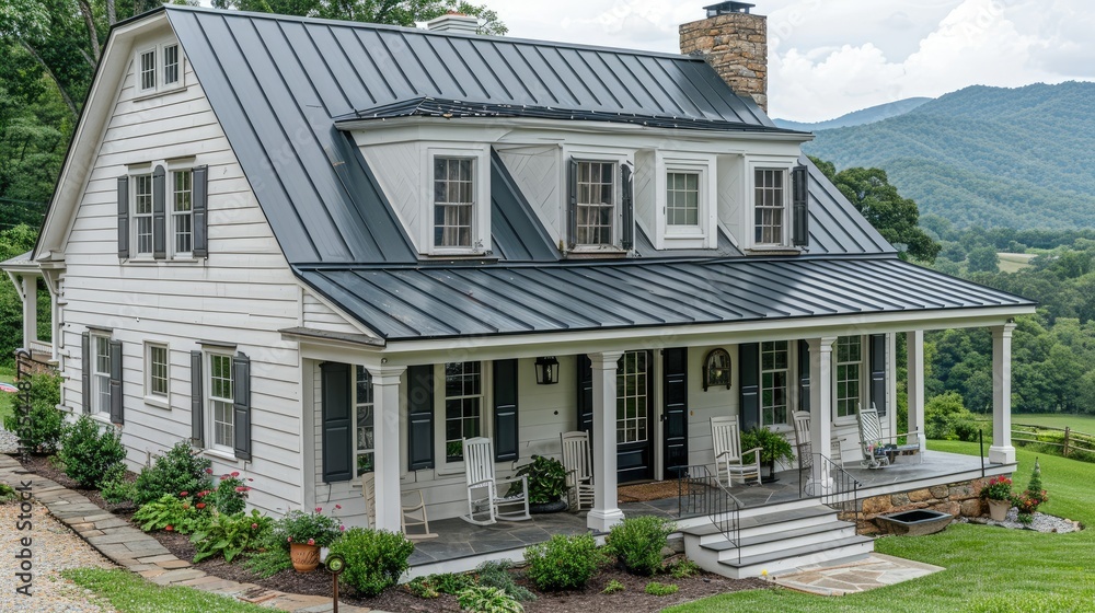 A charming farmhouse with a metal roof, surrounded by greenery and mountains. A charming farmhouse with a metal roof, surrounded by greenery and mountains.